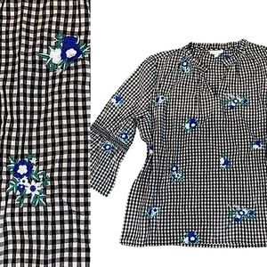 Charter Club Gingham Floral Embroidered Blouse NWT